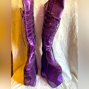 Rare Purple Pleaser Platform Lace-Up Thigh High Boots
